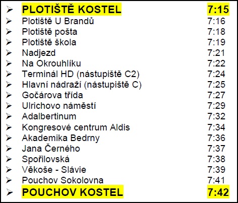 Jízdní řád nově zavedené linky 15Š ze zastávky Plotiště kostel do Pouchov kostel