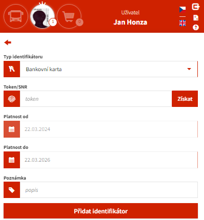 Přiřazení identifikátoru k uživateli, scan obrazovky