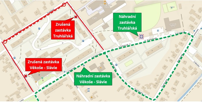 Objízdná trasa linky č. 25 s náhradní konečnou Truhlářská