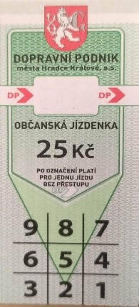 Paper punched citizen ticket for 25 CZK.